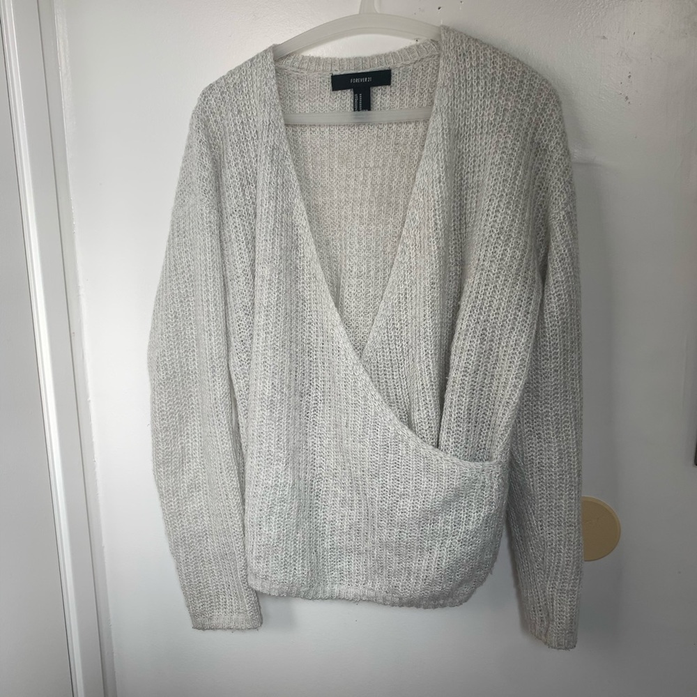 Light oversized knit surplice sweater bone color